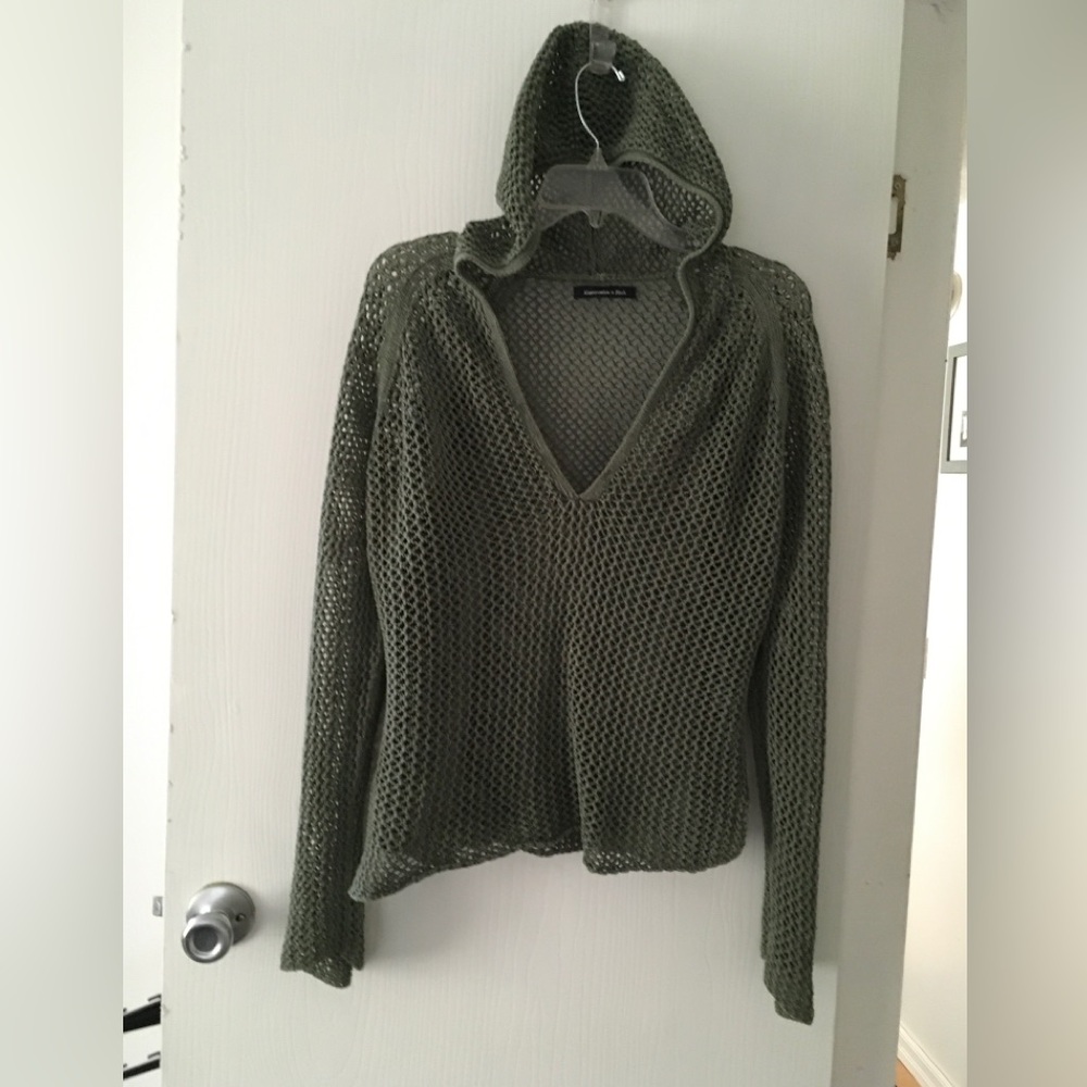 Abercrombie & Fitch Olive Green Net V-Neck Hooded Pullover Sz Medium